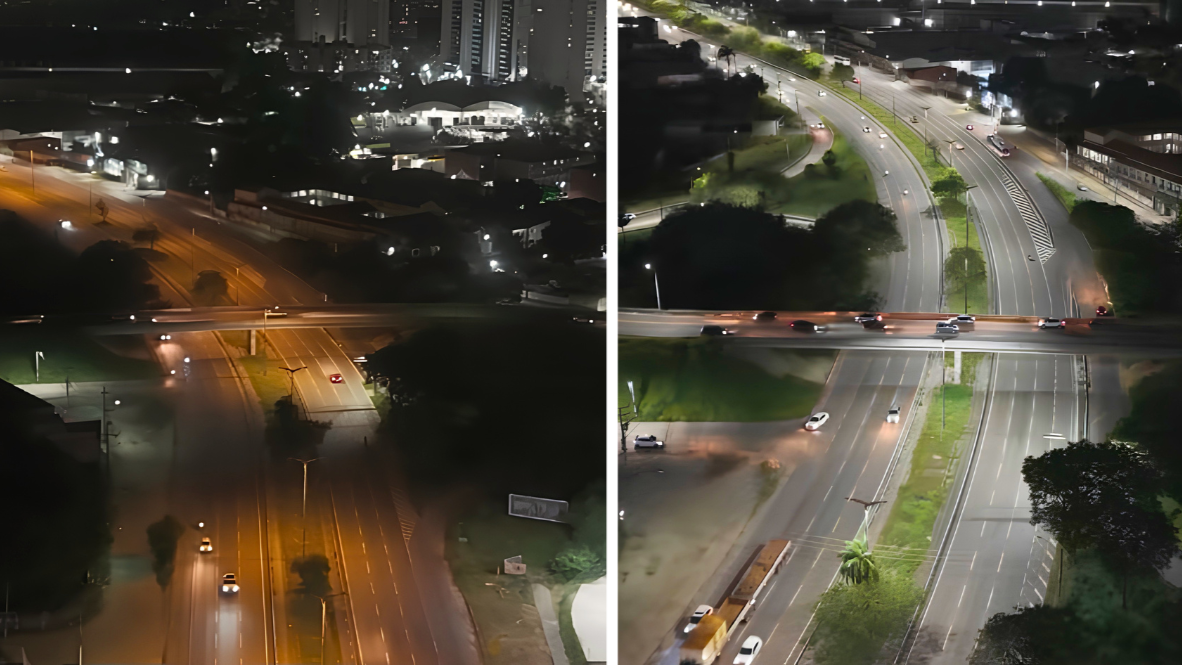 a imagem está dividida em duas: do lado esquerdo, mostra a BR antes da iluminação, mais escura. Do lado esquerdo, mostra depois da obra e a BR está mais iluminada iluminada